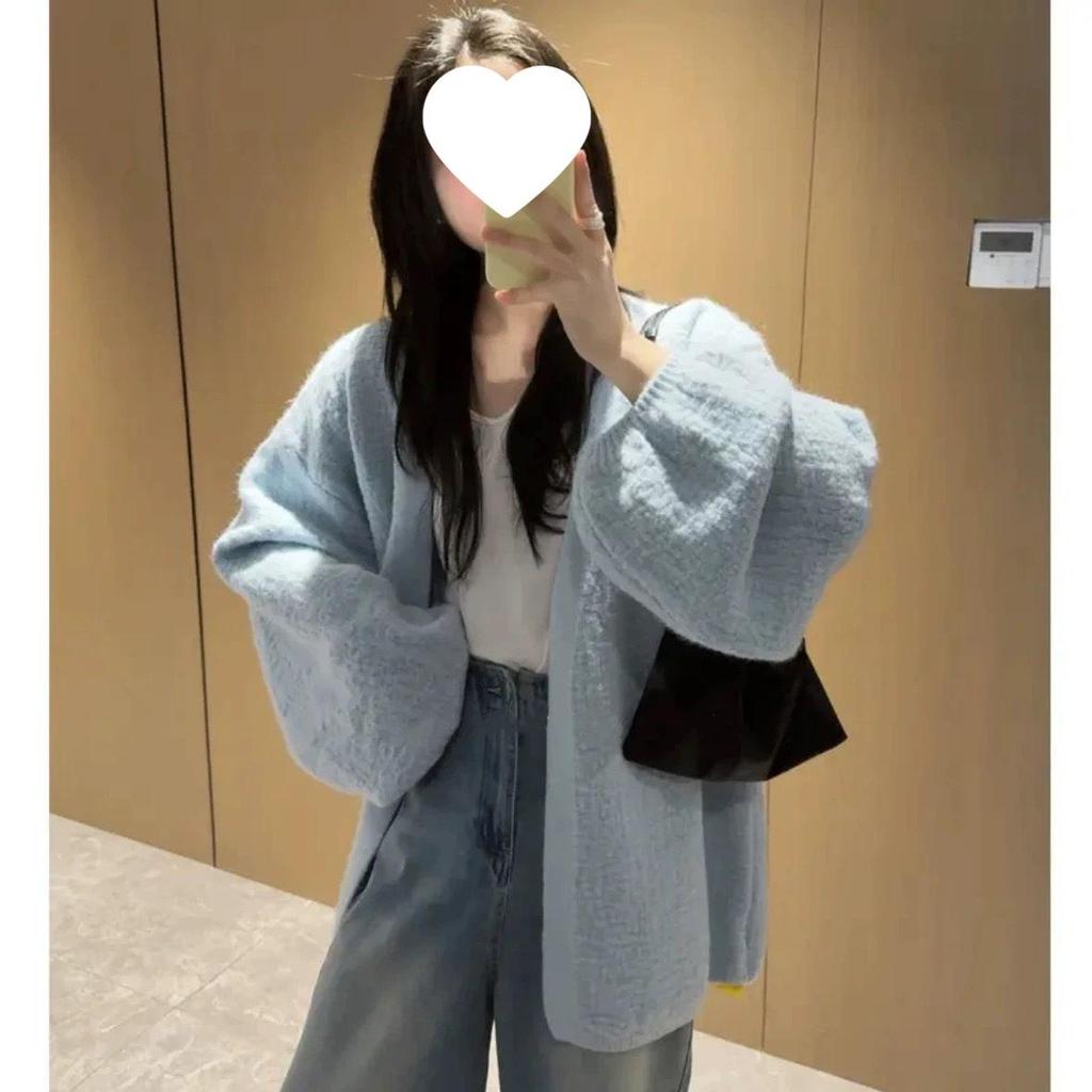 New 2025 Bark Texture Puff Sleeve Knit Cardigan - Spring/Autumn Loose Fit