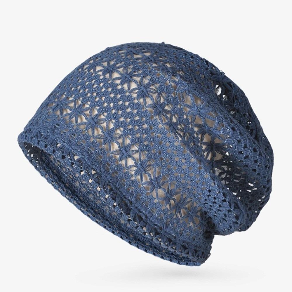 

Elastic Fit Brimless Hat Soft Crochet Hat Ethnic Style Breathable Hollowed Hat Travel Photo синий