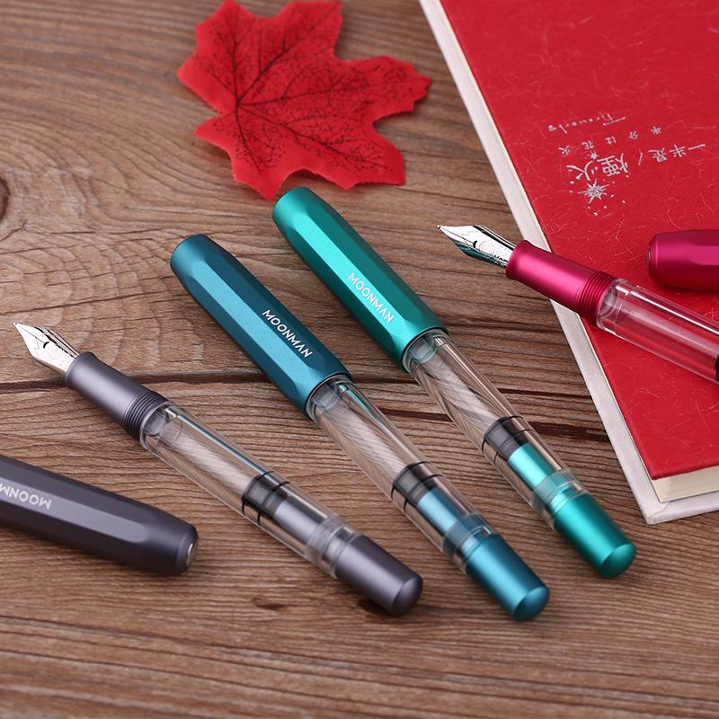 MOONMAN T1 Handmade Resin Fountain Pen, Large Capacity Piston Filler, Fine Nib with Aluminum Alloy Barrel