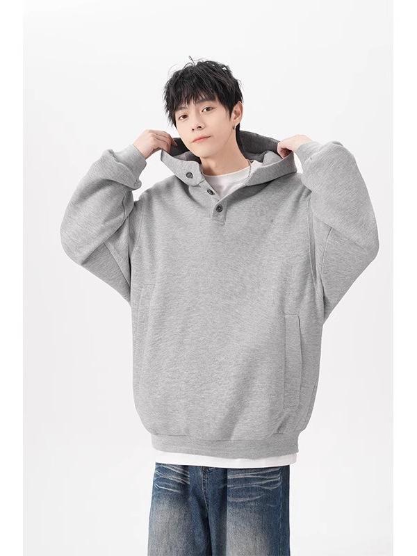 Men's Plus Size Fleece-Lined Button Hoodie - Oversized, Thickened Long Sleeve for Autumn/Winter