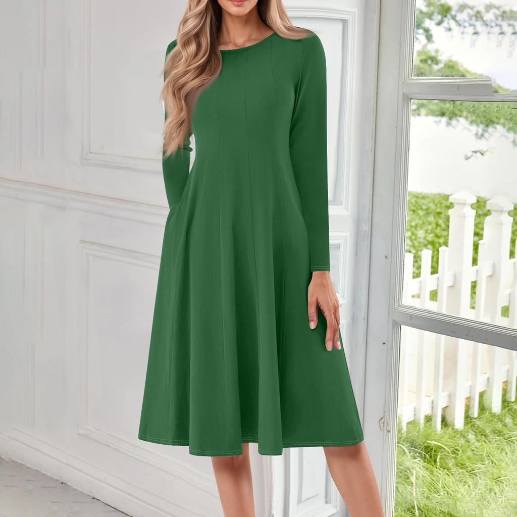 Damen Freizeitmode Rundhals Langarm Farbe Midi Kleid
