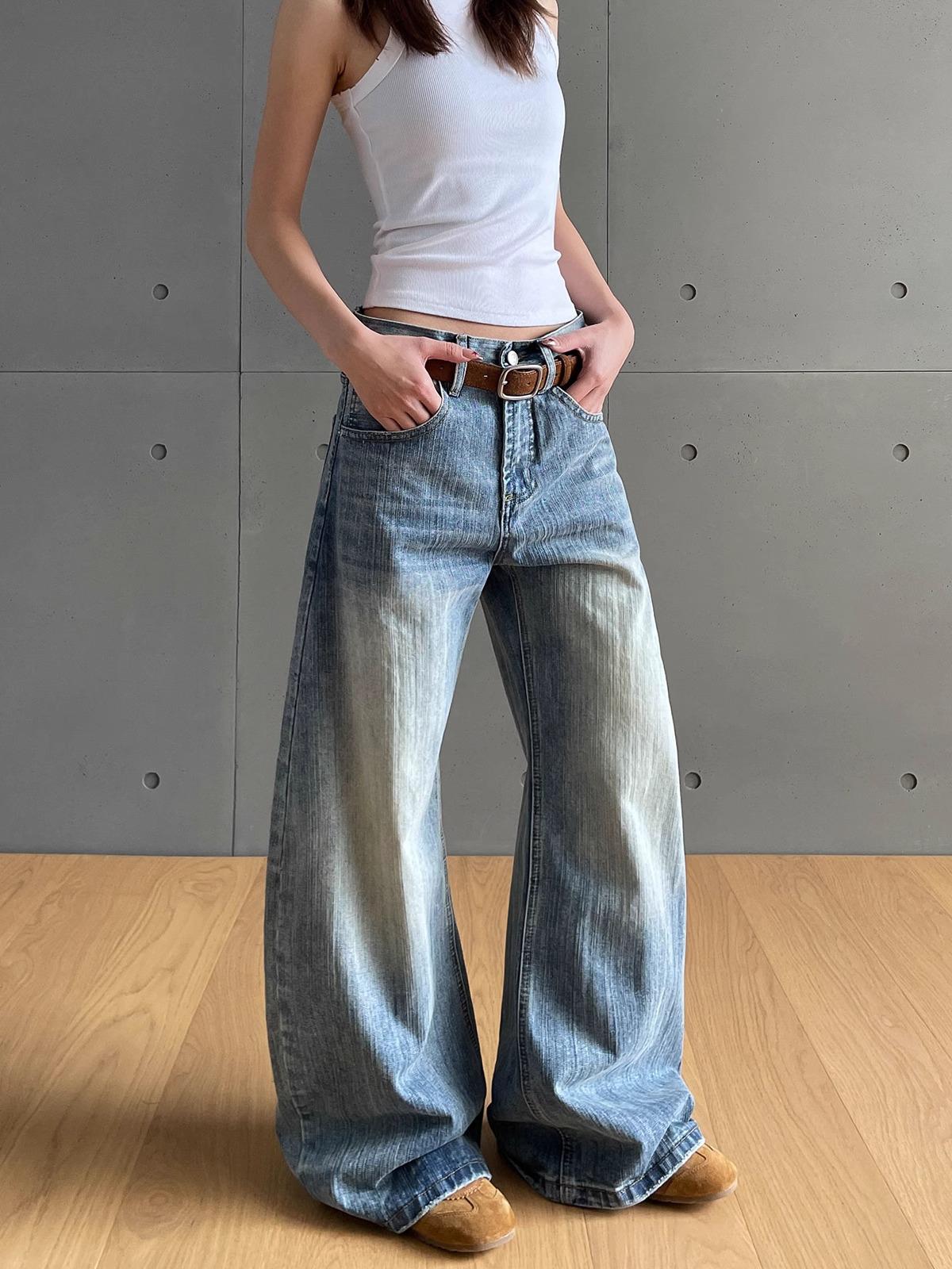 

Женские джинсы американского ретро стиля из бамбуковой ткани с эффектом стирки и изогнутыми штанинами - Высококачественный Cleanfit для весны и осени XXL синий