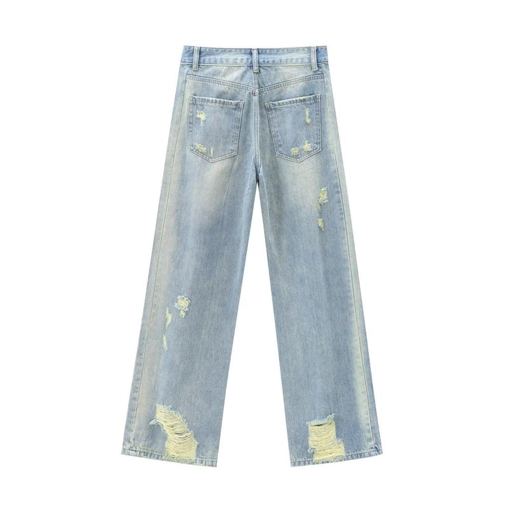 2024 Autumn Women's Distressed Mid-Waist Straight-Leg Jeans - French-Inspired European & American Fashion Trend