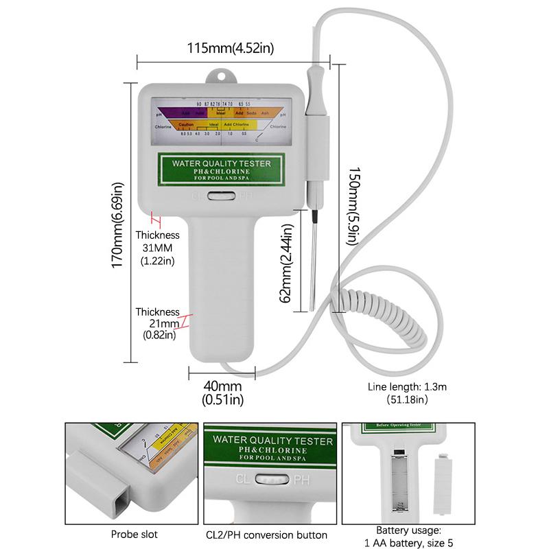 2 In 1 Ph Chlorine Meter Ph Cl2 Tester Swimming Pool Aquarium Water Quality Testing Tools Chlorine Measuring Device
