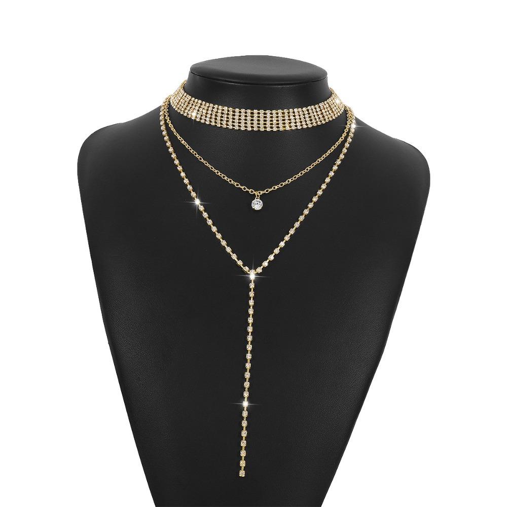Gold Back Chain Metal Rhinestone Necklace Retro Multi-Layer Necklace  Wedding