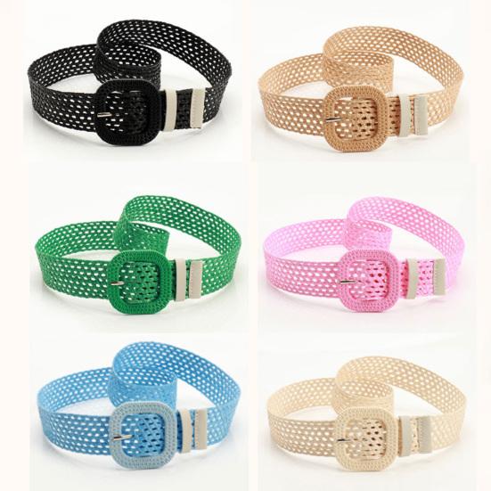 Straw Woven Belt with Oval Square Buckle Hollow Design Decorative Jeans Belt Breathable Weave Adjustable Shirt Waistband
