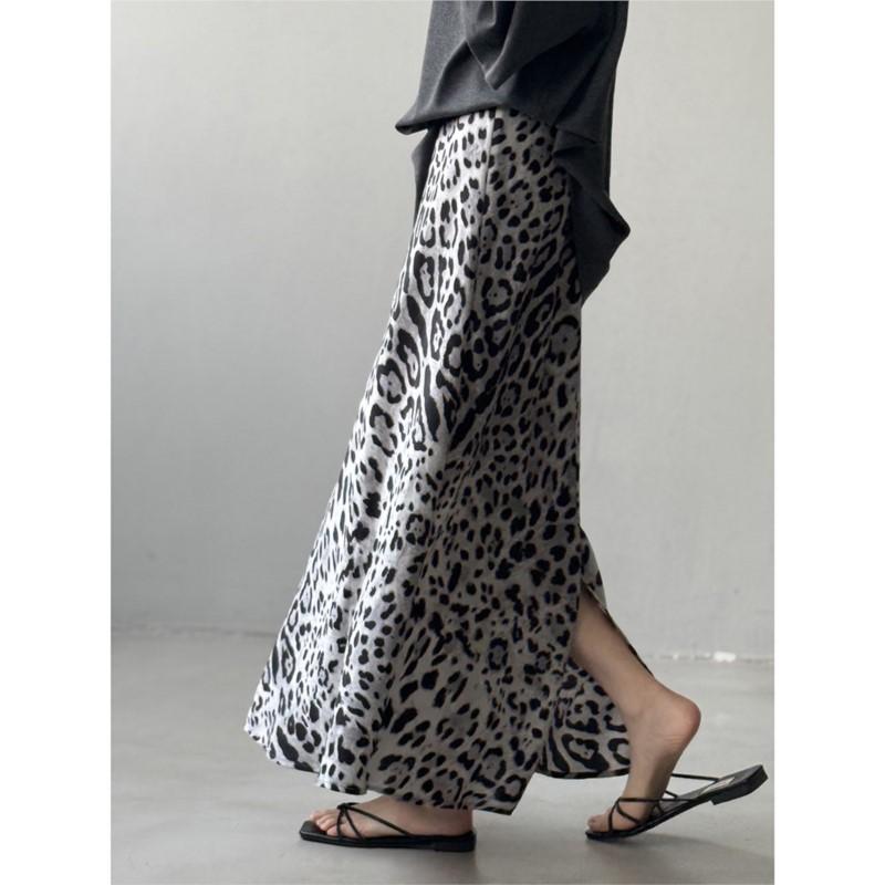 Johnature Summer Light Leopard Print Slit Skirts Women Summer Casual Loose Skirts