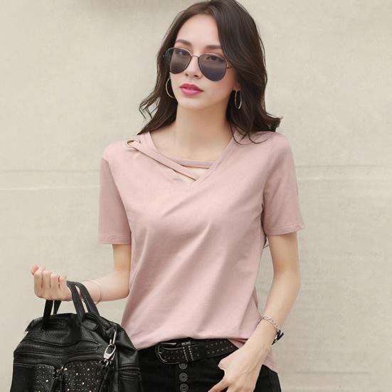 Women T-shirt V-Neck Lace-Up Collar Short Sleeve T-Shirt Solid Color Loose Fit Casual Tee
