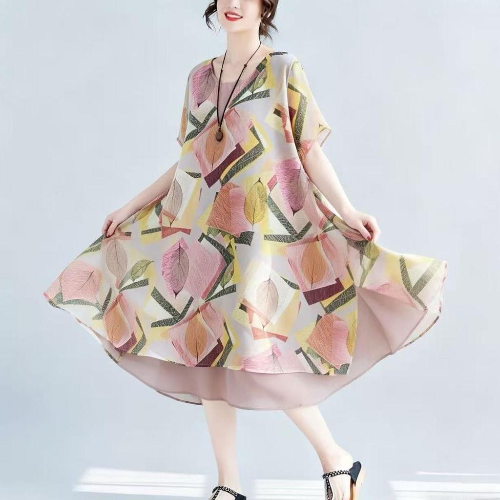 Plus Size Chiffon Color Block Round Neck Dress for Women