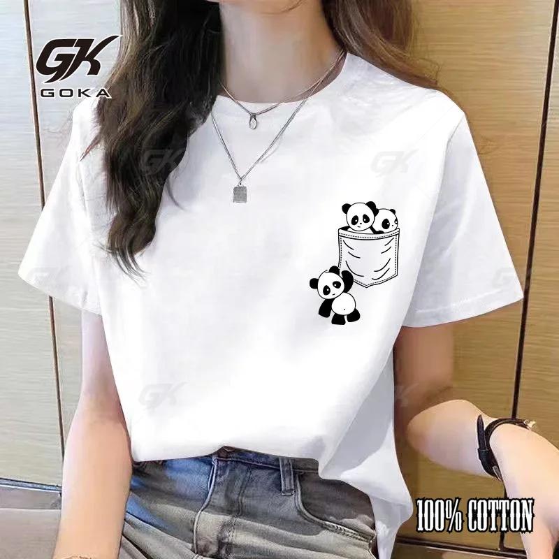 Women's Short Sleeved Top Summer New Pocket Panda Cartoon Printed T-shirt Korean Casual Women's Top Loose Round Neck T-shirt