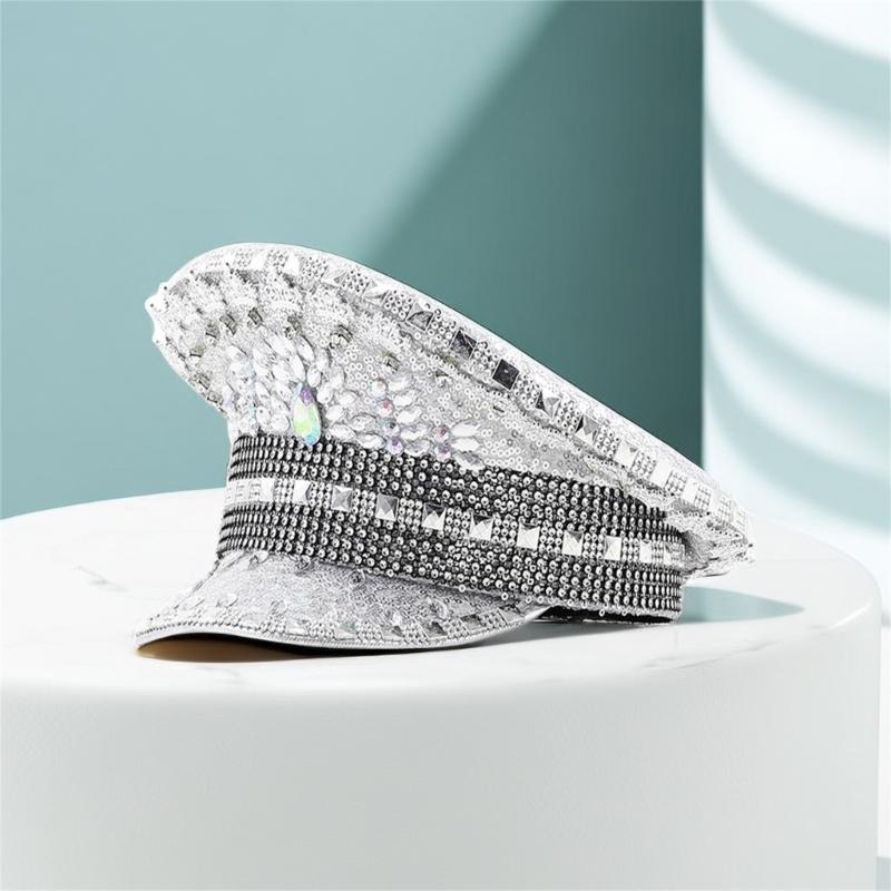 Gold Strass Kapitänsmütze für Hochzeit Mode Hut mit breiter Krempe Karneval Partyhut Damen Braut Fedora Hut Rollenspielhut
