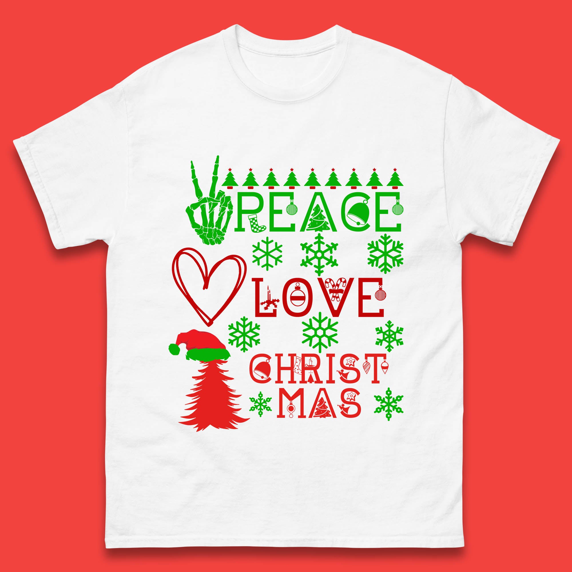 Peace Love Christmas Mens T Shirt Womens Tops Tees Christmas Santa Hat Top XL