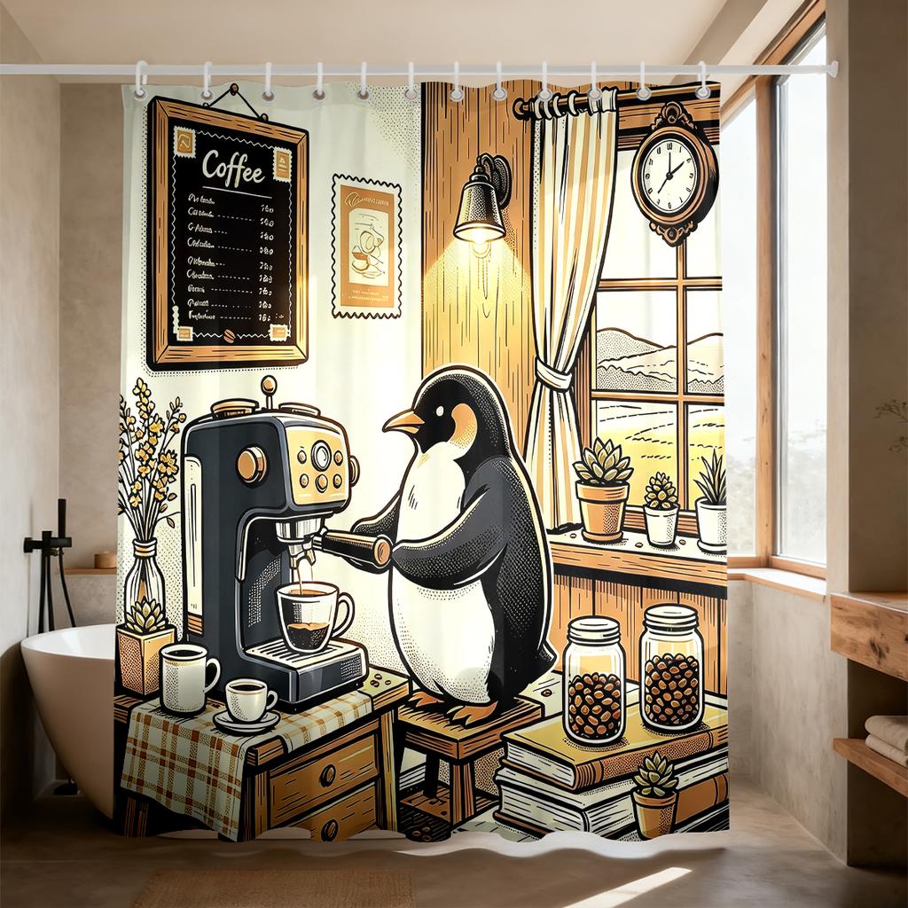 1pc Penguin Coffee Shop Illustrated Shower Curtain Privacy Protection Curtain Shower Curtain Living Room Bathroom Decoration