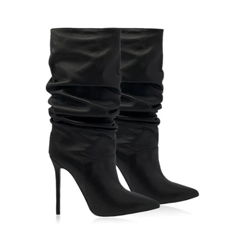 Soleist Stivali Alti da Donna con Tacco a Spillo Pieghettati Punta Affusolata 35-47 Scarpe Taglie Grandi Stivali da Donna di Media Lunghezza Autunno e Inverno