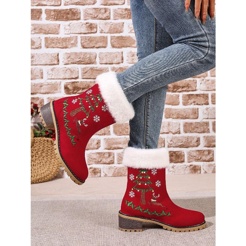 Women's Red Christmas Snow Boots Round Toe Chunky Heel Thick Sole High Heel Furry Lined Ankle Boots Warm Cotton Shoes