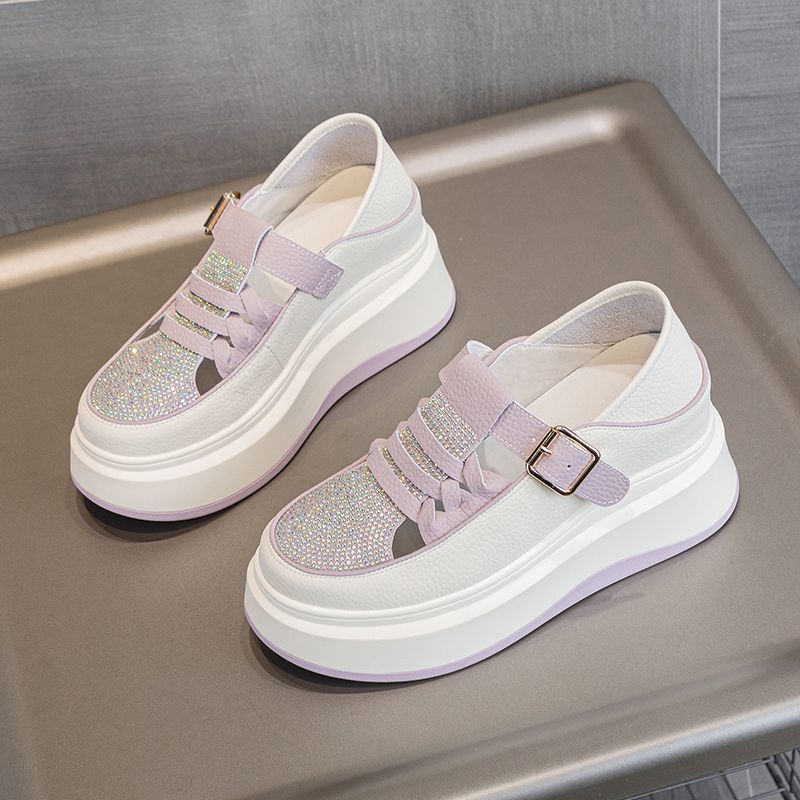 New rhinestone Roman sandals women's inner height increase in summer 2025 two wear hollow single shoes thick-soled muffin white shoes