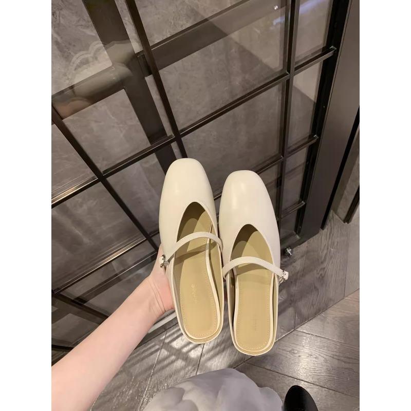 Sheepskin version inner height increase leather word with shallow mouth single shoes bag head half slippers women's Mary Jane shoes