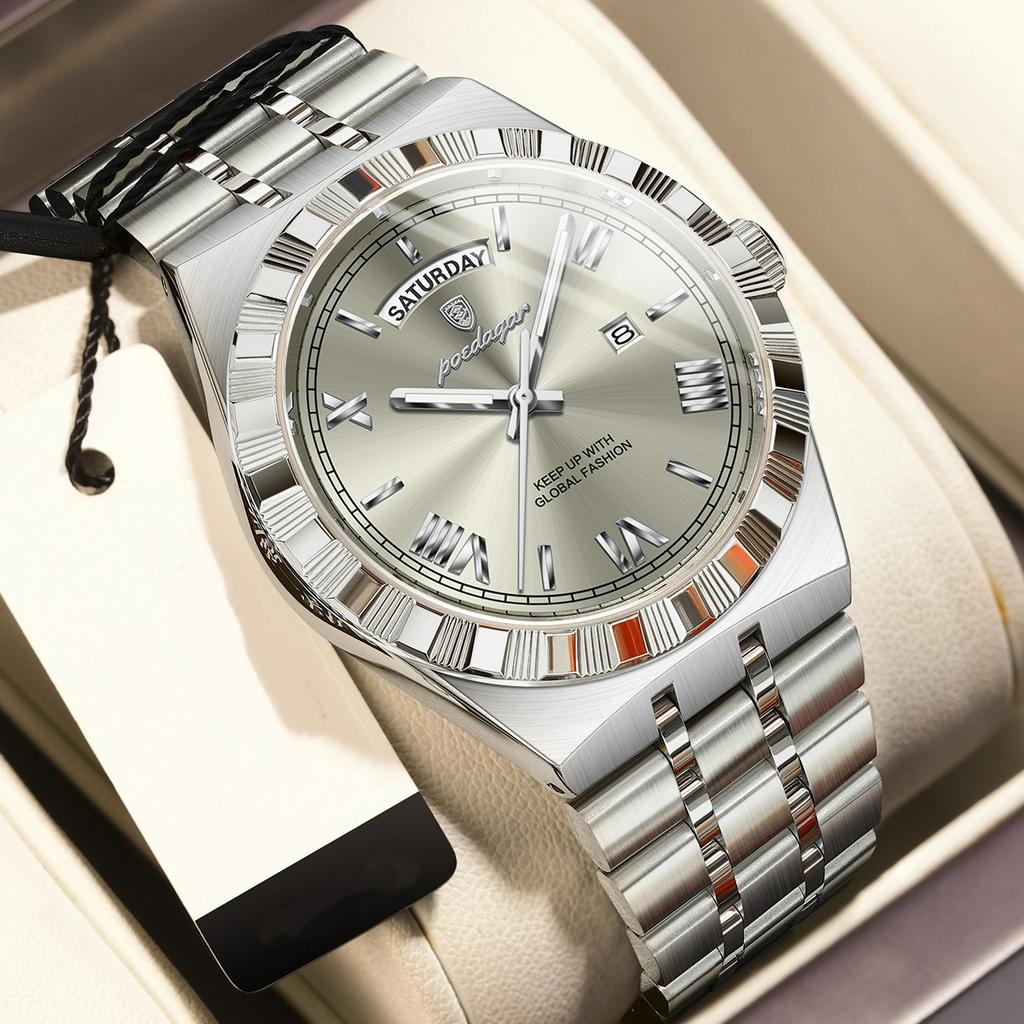 POEDAGAR Luxury Business Man Watch Week Date Waterproof Luminous Watches For Men Stainless Steel Quartz Men's Fashion Wristwatch