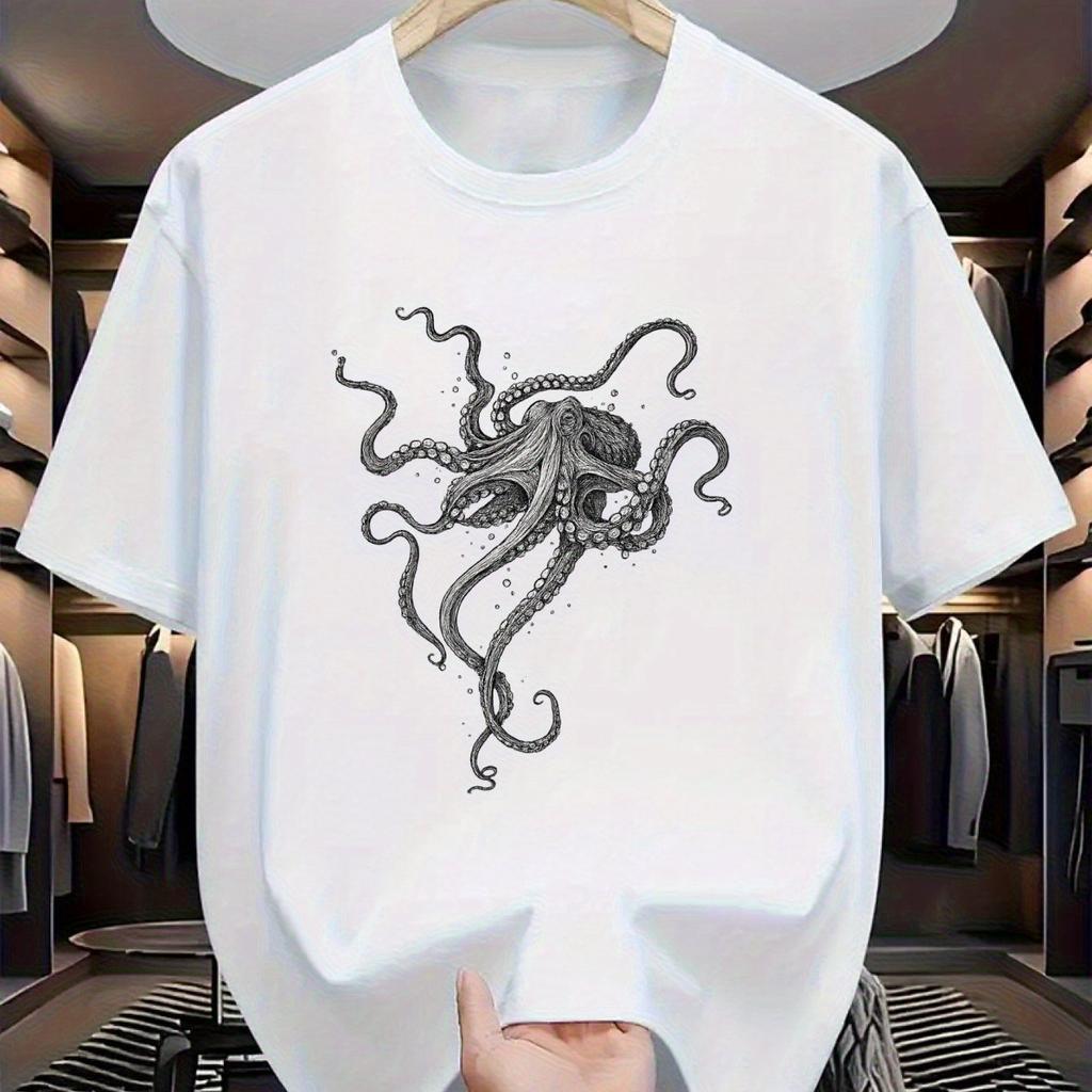 Men Vintage Octopus Print T-Shirt Hand-Drawn Style Breathable Comfortable Casual Short Sleeve Round Neck