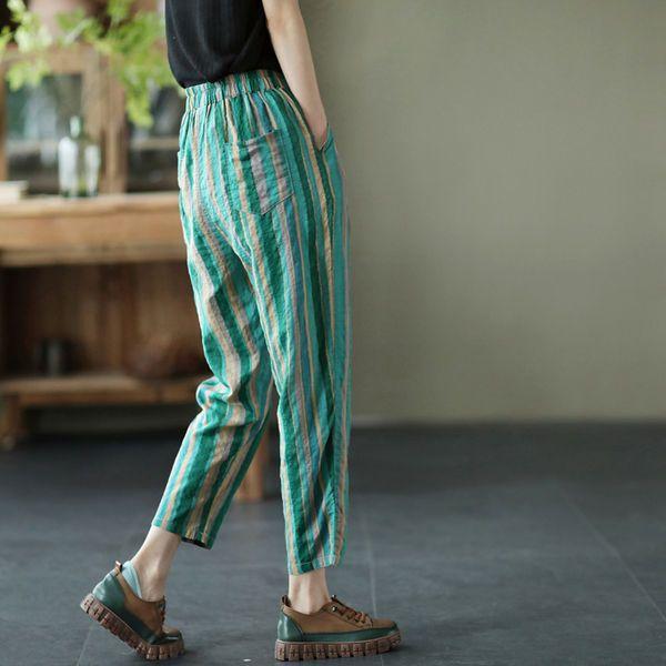 Women's Loose Casual Stripe Pants Thin Cotton Linen Harlan Summer Vintage Trousers