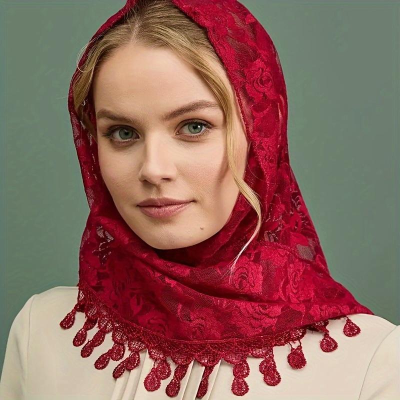 1pc Rose Pattern Lace Triangle Hijab Scarf Thin Breathable Tassel Shawl Elegant Style Windproof Sunscreen Head Wrap