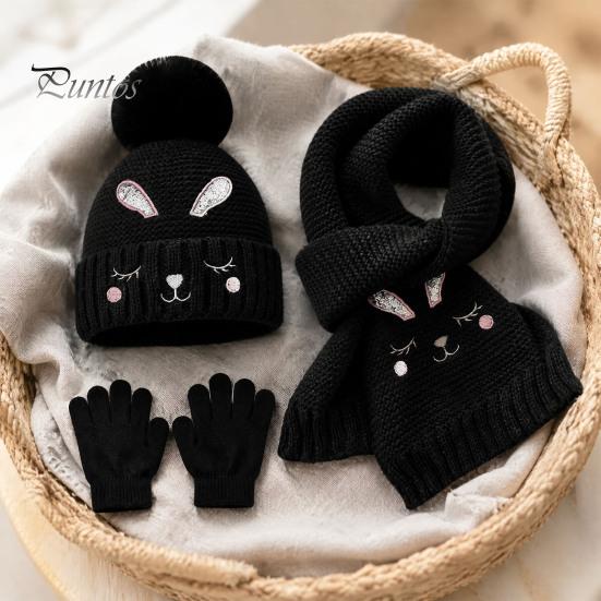 Warm Knitted Hat for Toddlers Winter Gloves Scarf Set Kids, Pompom Hat, Cute Essentials Bunny Embroidery, Cozy Boys Girls Ages 2 to 6 Outings