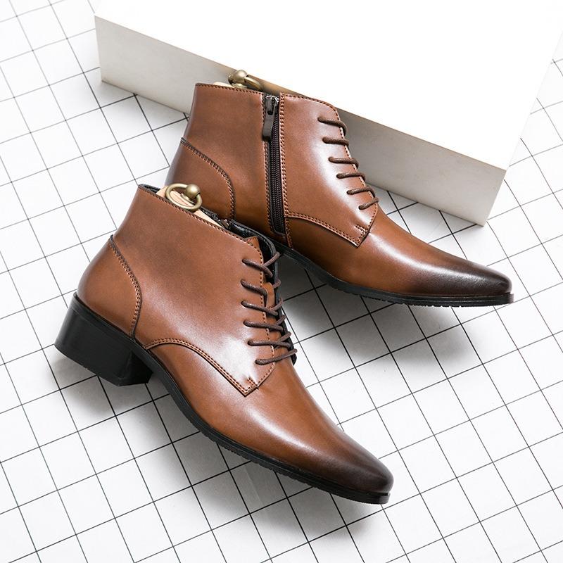 Herrenstiefel Business Lederstiefel Mode Schnürstiefel Knöchelhohe Reißverschluss Freizeitschuhe Spitz zulaufende Plateau Chelsea Stiefel