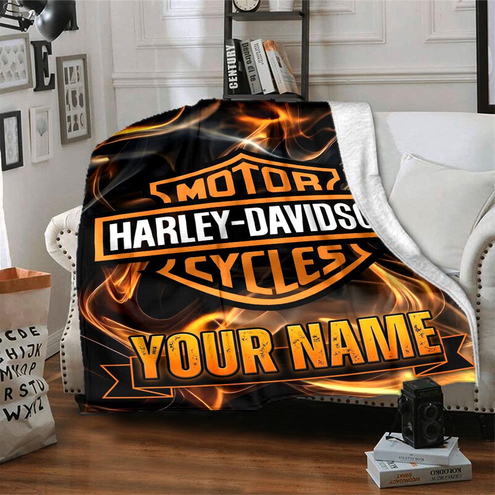 1pc HarleyDavidson Blanket with Custom Name, Gift, for Men and Women, Soft Blanket, Good for Sofa Bed Couch Travel, Lightweight Flannel Blanket
