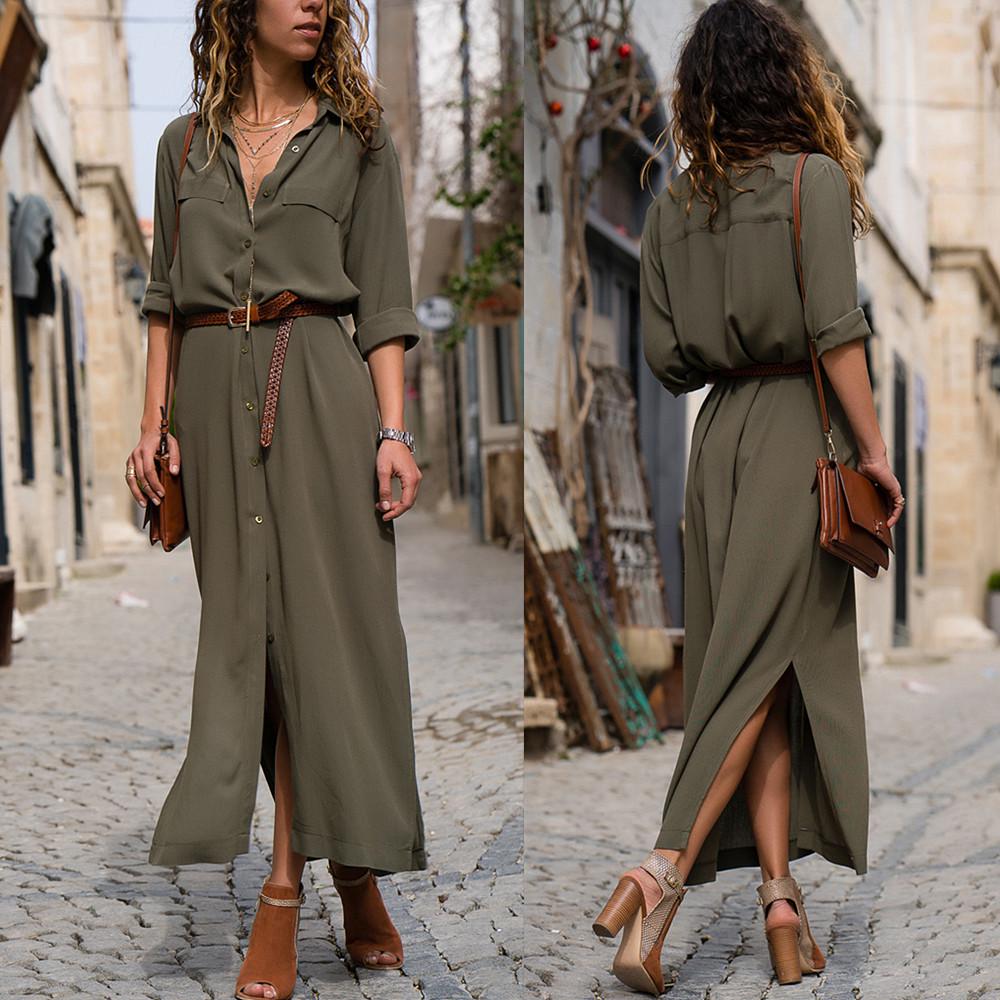 Womens V Neck Long Sleeve Shirt Maxi Dress Ladies Casual Button Long Split  Dress  buy at low prices in the Joom online store