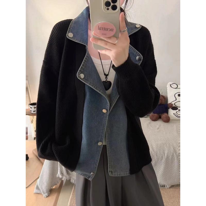 Denim Splicing Design Sense Knitted Cardigan Autumn and Winter New Loose Sweater Jacket Women