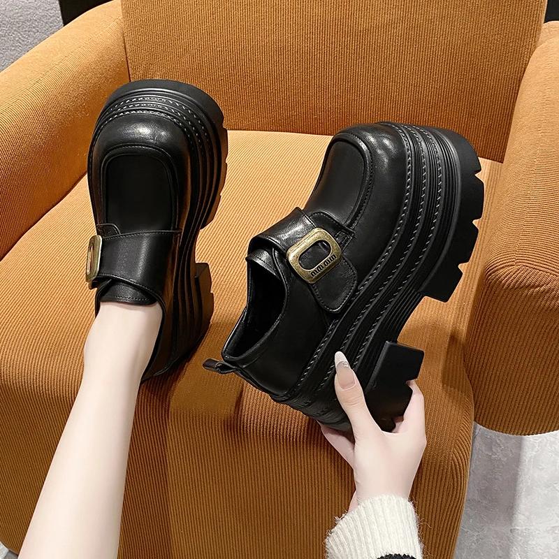 Móda 10CM Podzimní Dámské Robustní Protiskluzové Tenisky Mokasíny Vysoké Podpatky Platforma 2025 Nové Jaro Zapínání na Suchý Zip Ležérní Boty Baleríny Žena