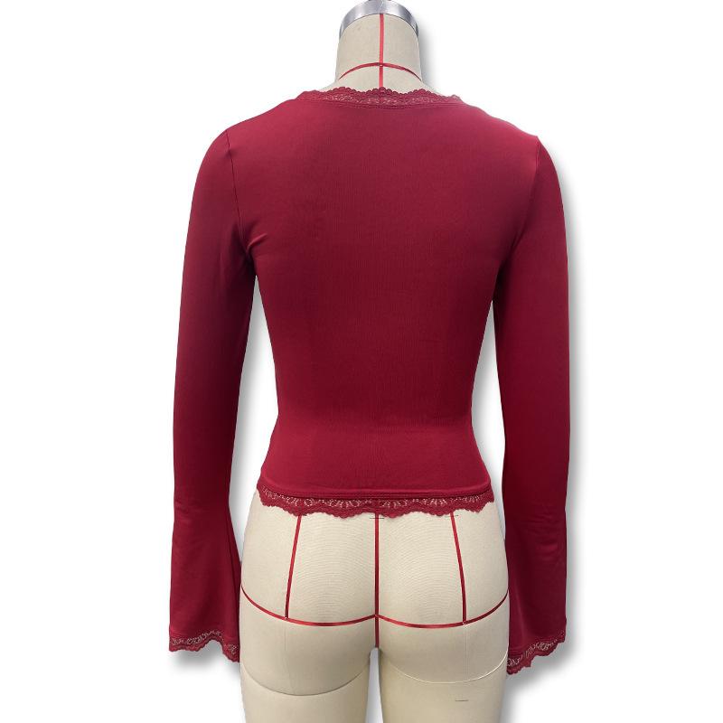 T-shirt da Donna 2025 Stile Europeo & Americano con Bordi in Pizzo, Manica Lunga, Autunnale, Snellente, alla Moda