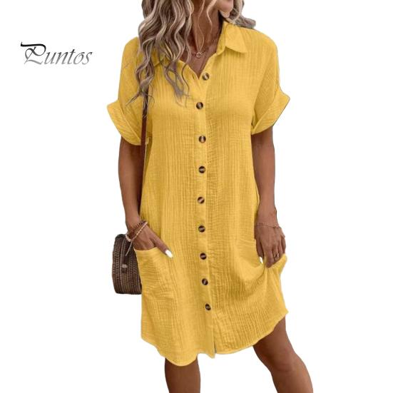 

Женское хлопковое льняное платье, повседневное платье на пуговицах с V-образным вырезом и карманами, летний пляжный сарафан с коротким рукавом XXL жёлтый