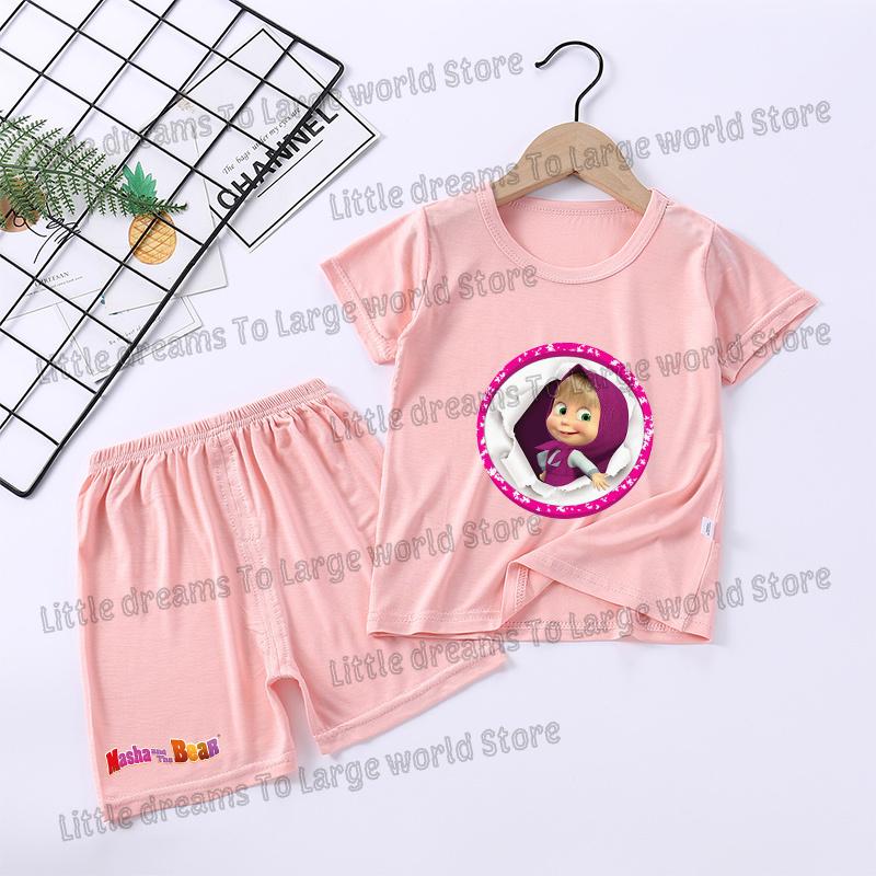 Mashas Bears Pajamas Set Girls Boys Short Sleeve T-shirt Pants Loungewear Summer Thin Nighty Clothing Tee Shorts Breathable Suit