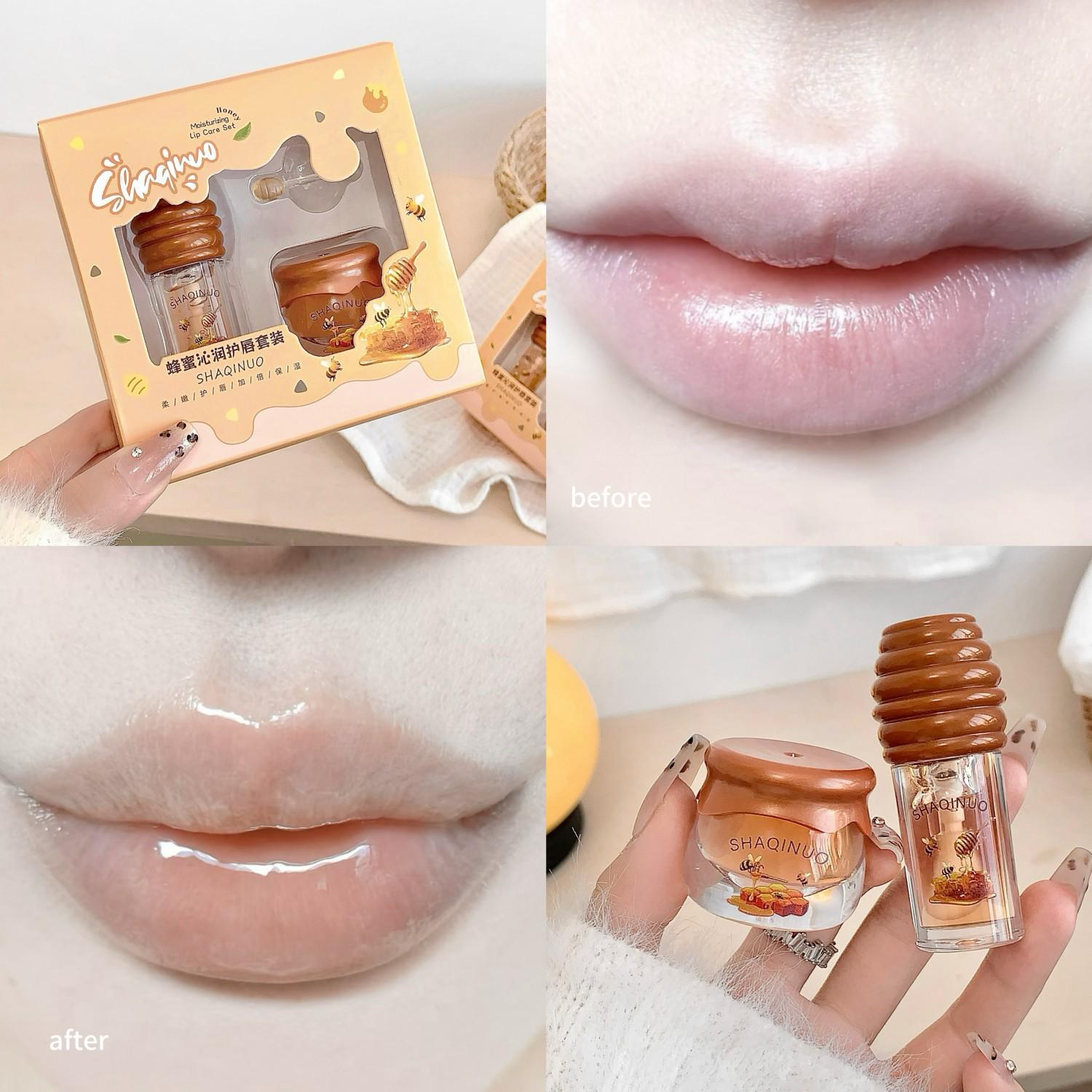 SHAQINUO Honey Hydrating Lip Set: Moisturizes, Smooths Lip Lines, and Exfoliates for Healthier Lips.