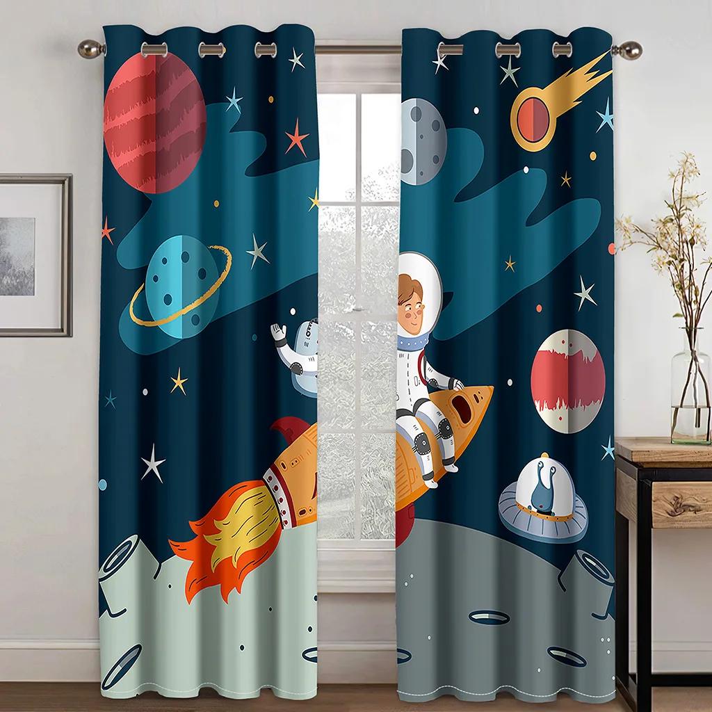 Space Astronauts Planet Cartoon High Shading Drapes Graffiti Colorful Kids 3D Room Darkening Window Drape for The Living Room New Styling