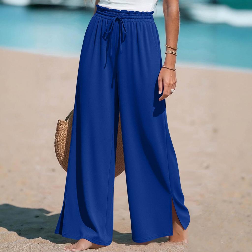 Women Wide Leg Split Pants Drawstring Waist Pockets Casual High Waist Pleated Beach Trousers Lightweight Loose Fit