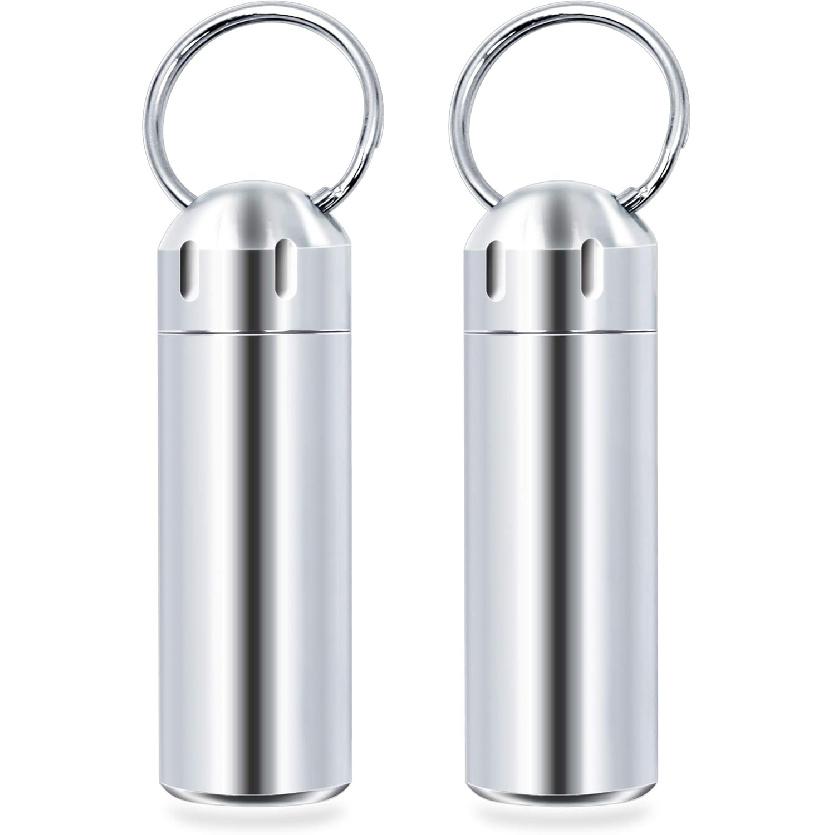 SHD 2 Pack Pill Container Keychain Pill Holder 100% Waterproof Pill Case Single Chamber Stainless Steel Pill Box (Silver)