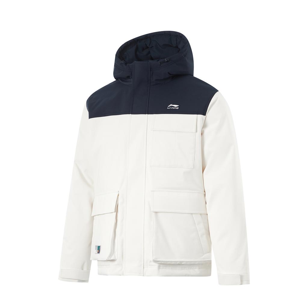 Li Ning Comfortable Casual Spliced Hooded Versatile Short Down Jacket Men Outerwear Off-White AYMU363-1