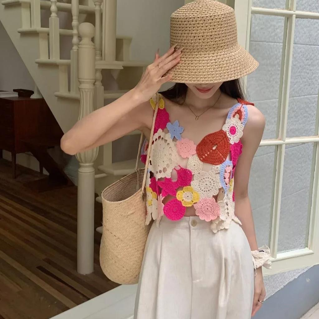 Výšivka Květinové háčkování tílko Vícebarevná otevřená úpletová tílka Dámské léto Nové oblečení Fairycore Cottagecore