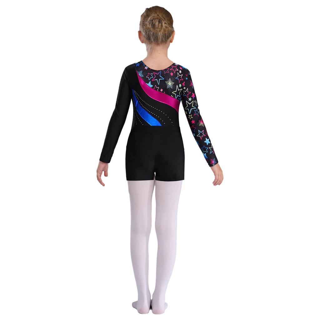 Girls Long Sleeve Round Neck Rhinestones Printed Patchwork Leotard V Front Waistband Shorts Dance Set