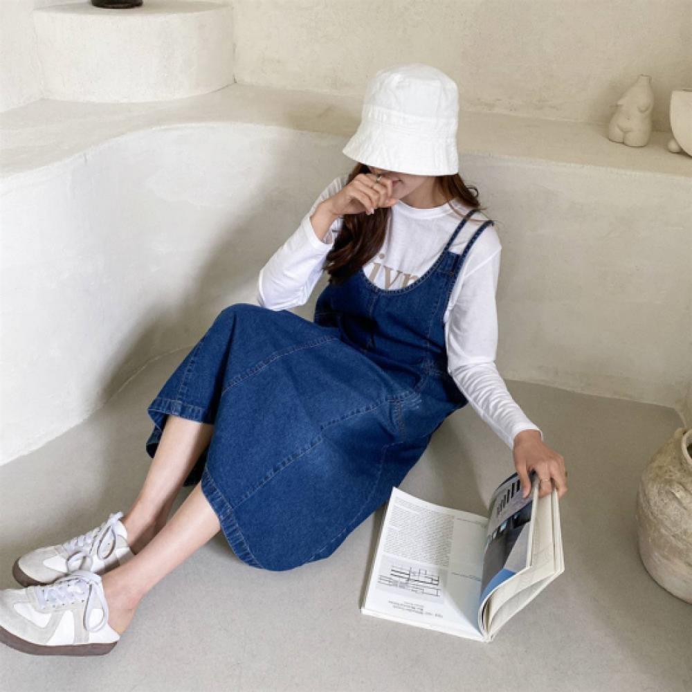 New ArrivalS Open Run Women S Denim Long dreSS With pocketS Double StrapS