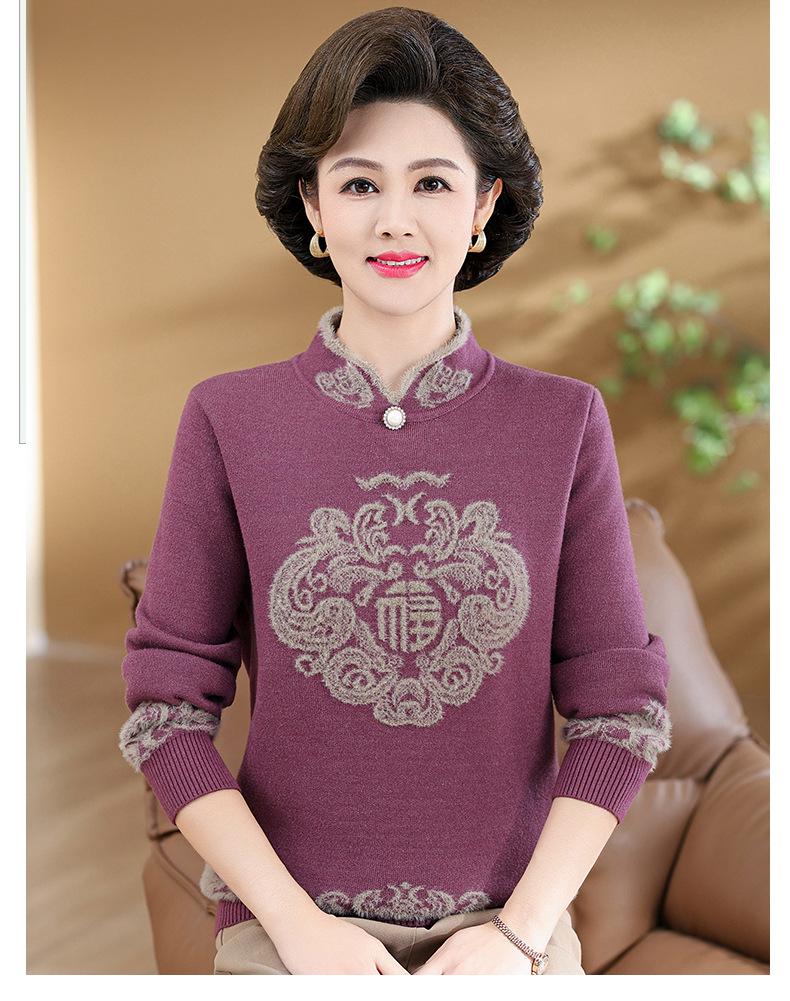 New Autumn/Winter Jacquard Knitwear: Thickened Fleece Sweater for Middle-Aged & Elderly Women, Plus Velvet, Perfect as Base Layer or Mom's Wear.