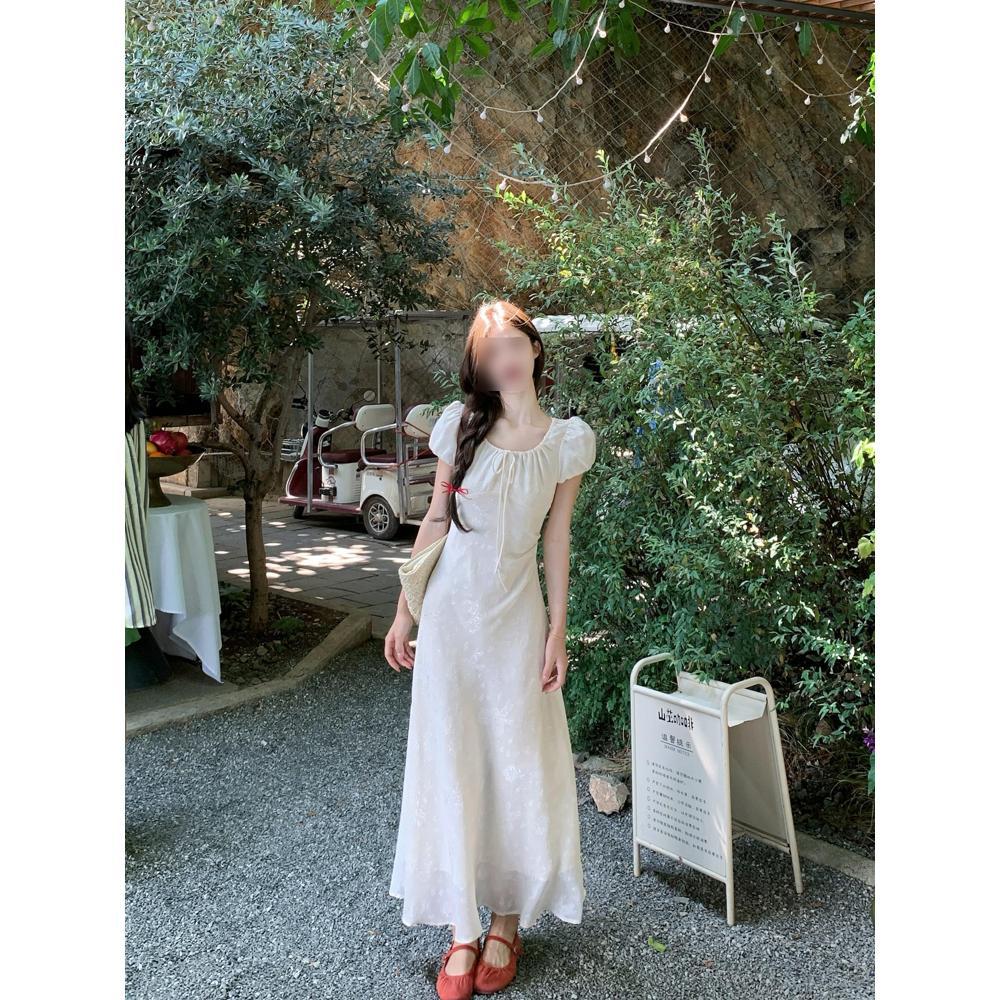 

Милое платье с бантом, шнуровкой и жаккардовым узором, женское летнее повседневное высококлассное платье с темпераментом, приталенное, А-силуэта, длинное XL- (recommended 110-60kg)