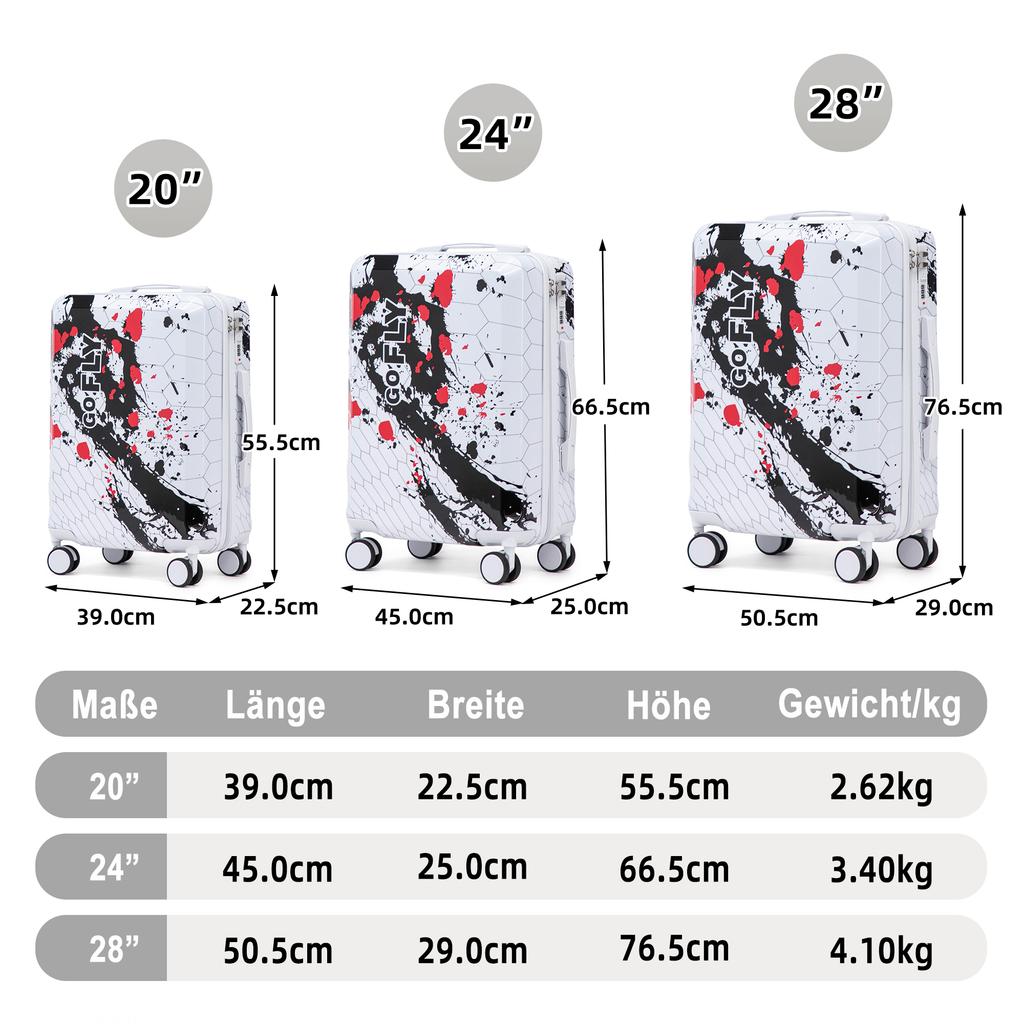 Set de 3 valize 20"/24"/28" Fabricat din Material PC cu Imprimeu Model și Lacăt cu Combinație (Negru)