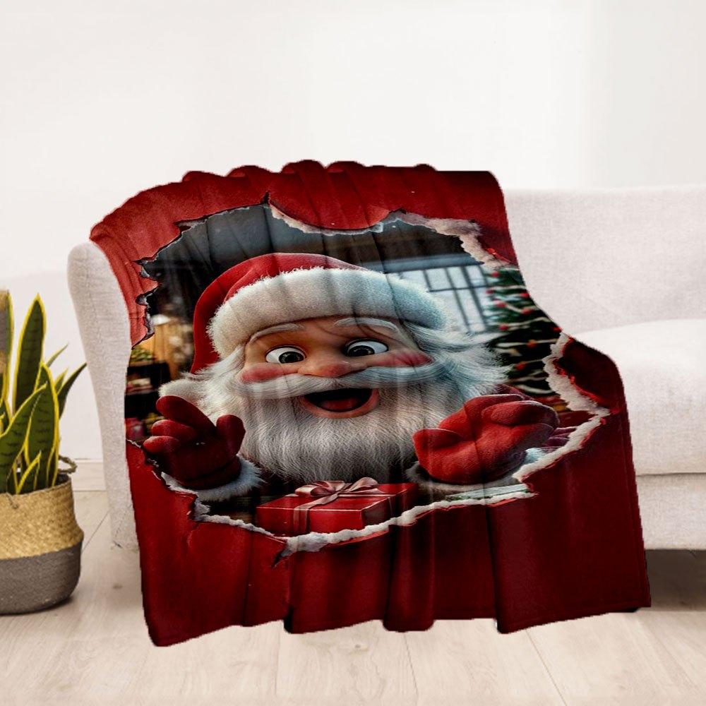 "Christmas Santa Claus Gift Box with Bow"Blanket Flannel Throw Blanket for Sofa, Bed, Travel, Camping, Office