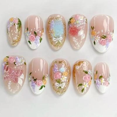 Tabletas de manicura removibles con flores frescas doradas tridimensionales, temperamento de perla, dulce, 24 piezas
