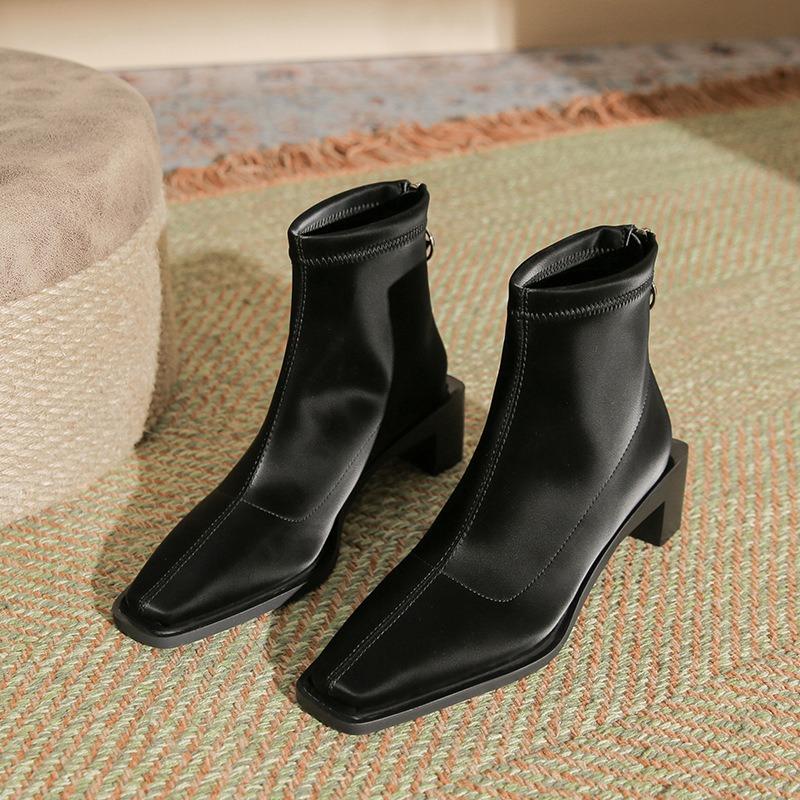 H376-2 high mercerized suede thin medium tube short boots black thick heel autumn and winter zipper women's boots niche fashion boots