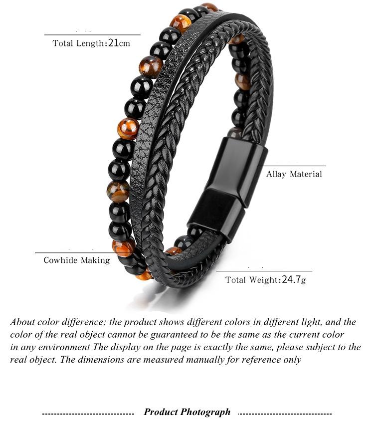 Men's Trendy Simple Hand Woven Leather Rope Bracelet with Natural Lava Stone Tiger Eye Alloy Magnet Buckle Gift
