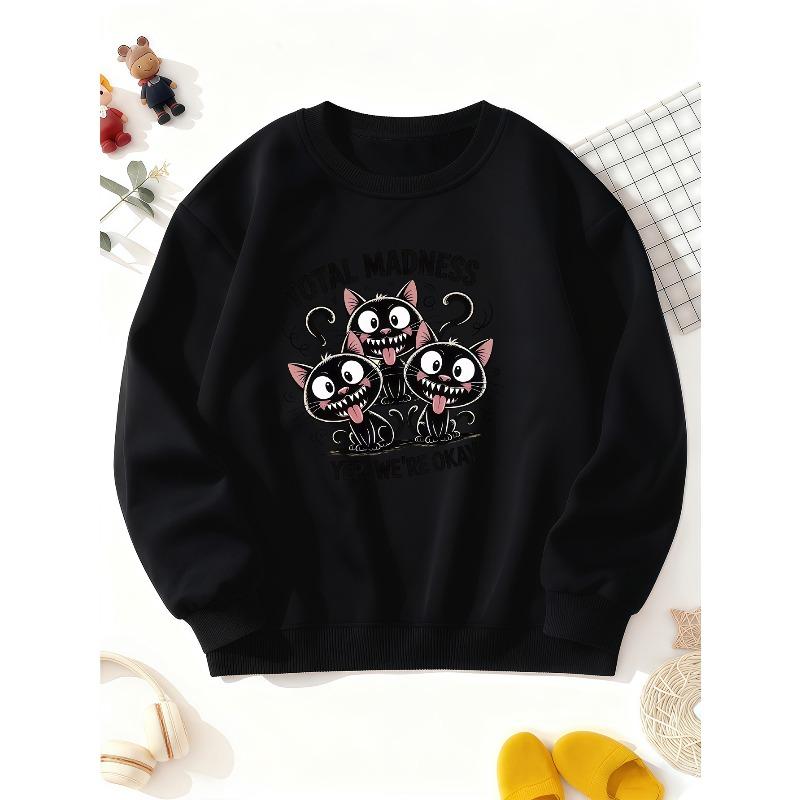 European sizes Kids Sweatshirt with a Playful and Exaggerated Design Featuring Three Black Cats Sticking Out Their Tongues in a Funny Way. 110 чёрный